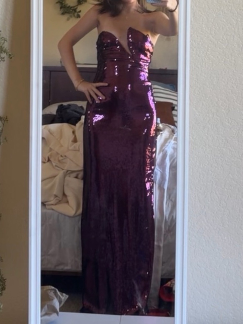 Meshki Deep Plum Sequin Strapless Mermaid Gown